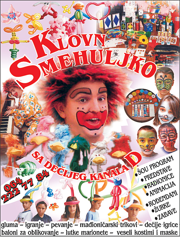 Šou program Predstave Radionica Animacija Rođendani Žurke Zabave Deda mraz gluma, igranje, pevanje, mađioničarski trikovi, baloni za oblikovanje, lutke marionete, šminkanje dece, diskoteka i još mnogo mnogo toga...